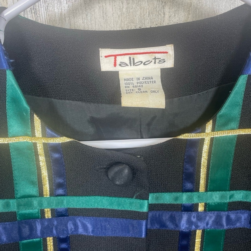 Talbots Vintage Black Multi Plaid Ribbon Jacket size 8 Christmas Holiday Festive - Picture 2 of 9